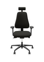 En moderne sort ergonomisk kontorstol med nakkestøtte, armlæn og femstjernet fod på hjul. Stolen har et slankt, buet ryglæn designet til komfort og støtte. - Ergoshop - Ergonomiske kontormøbler til erhverv