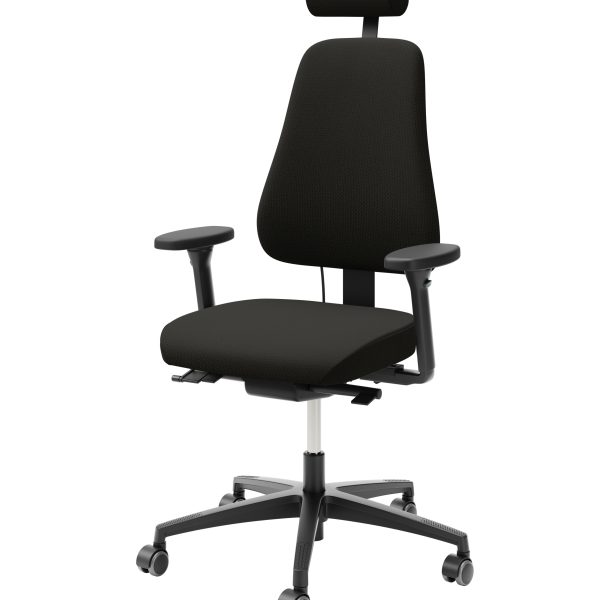 LD 6240 Freefloat Select ergonomiske kontorstol (sort) har justerbare armlæn, en nakkestøtte og fem drejelige hjul, elegant fremvist mod en almindelig hvid baggrund. - Ergoshop - Ergonomiske kontormøbler til erhverv
