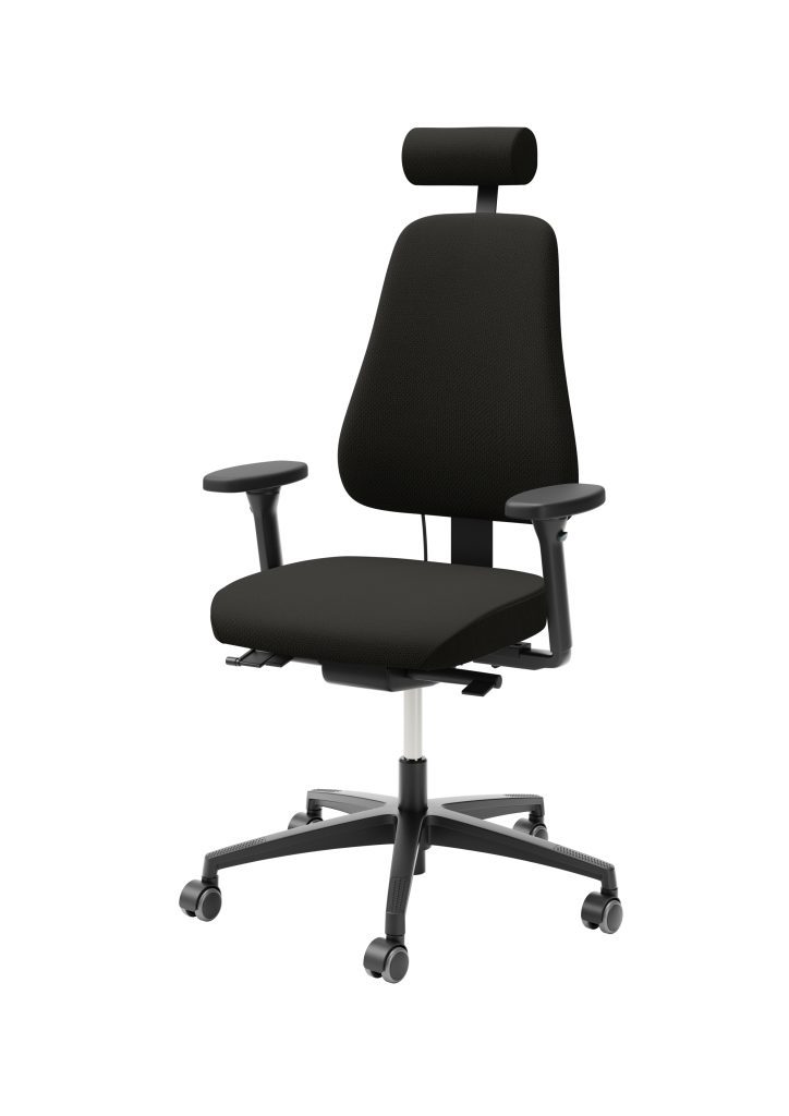 LD 6240 Freefloat Select ergonomiske kontorstol (sort) har justerbare armlæn, en nakkestøtte og fem drejelige hjul, elegant fremvist mod en almindelig hvid baggrund. - Ergoshop - Ergonomiske kontormøbler til erhverv