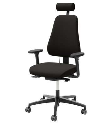 LD 6240 Freefloat Select ergonomiske kontorstol (sort) har justerbare armlæn, en nakkestøtte og fem drejelige hjul, elegant fremvist mod en almindelig hvid baggrund. - Ergoshop - Ergonomiske kontormøbler til erhverv
