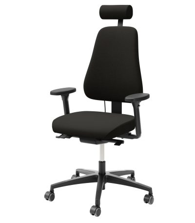 LD 6240 Freefloat Select ergonomiske kontorstol (sort) har justerbare armlæn, en nakkestøtte og fem drejelige hjul, elegant fremvist mod en almindelig hvid baggrund. - Ergoshop - Ergonomiske kontormøbler til erhverv